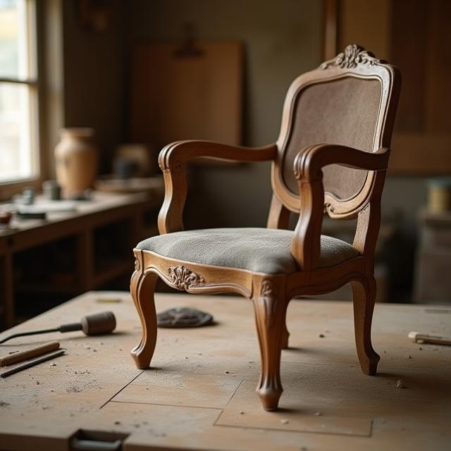 Workbench with vintage chair under restoration